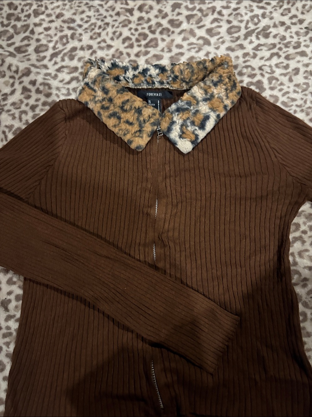 Forever 21 Brown Ribbed Zip Cardigan with Leopard Faux Fur Collar